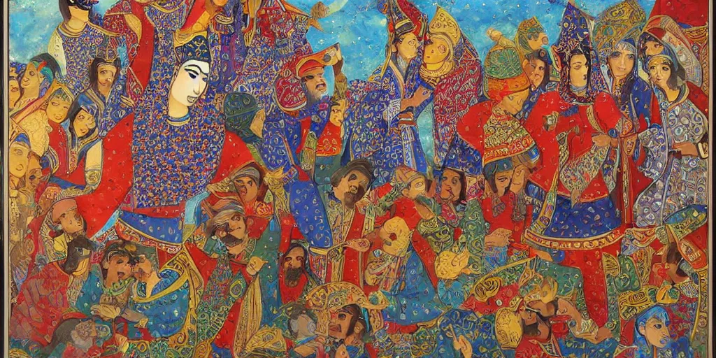 Image similar to persian folklore painting, modern, hd, clear, sharp focus, highly detailed