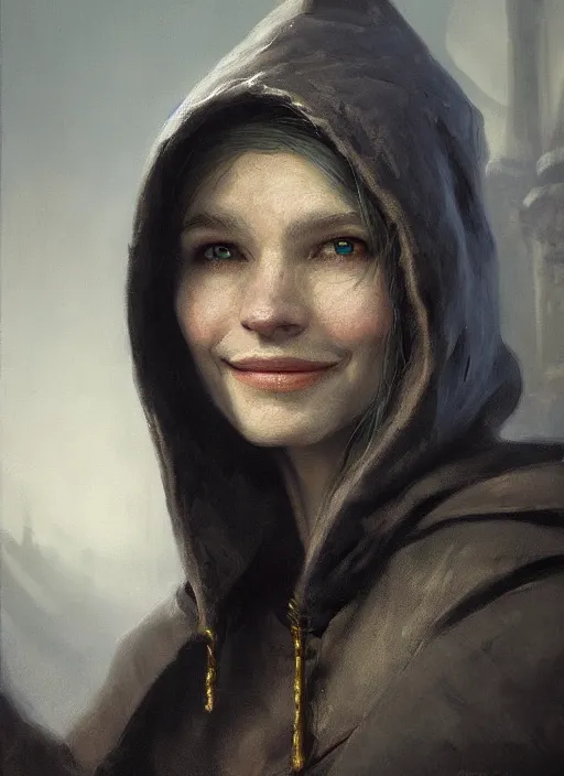 Prompt: portrait of a smiling elf thief wearing a hooded cloak, detailed realism face in painting, detailed beautiful portrait, oil painting masterpiece, fantasy artwork, 8 k resolution, smooth, sharp focus, trending on artstation, by rembrandt, by greg rutkowski