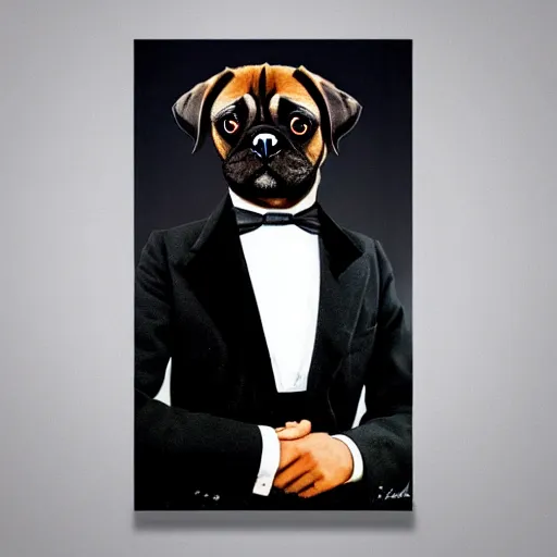 Image similar to a salvador dali portrait of black pugalier dog wearing suit and tie, surreal background, by salvador dali, trending on instagram, award winning details