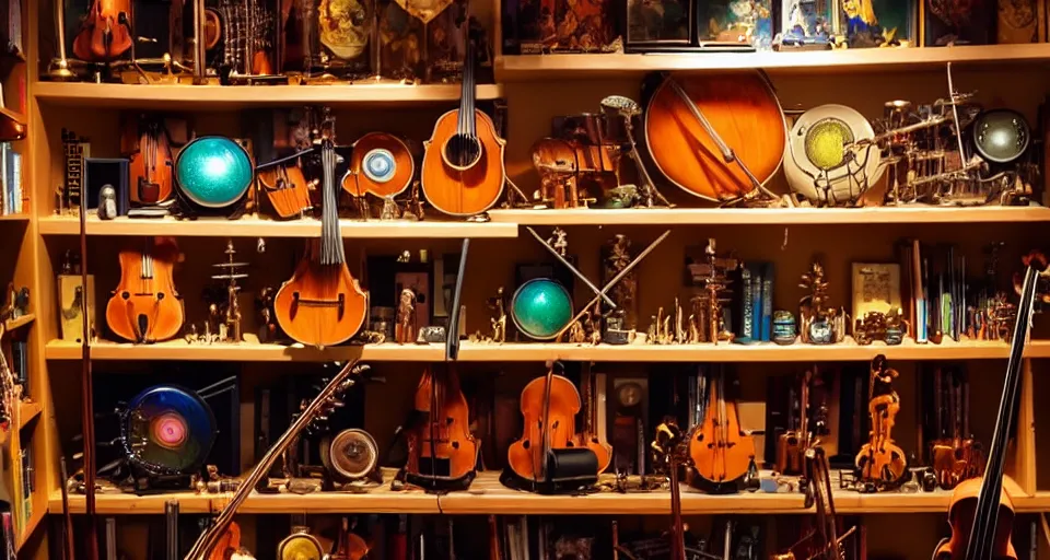 Prompt: a shelf of amazing magical musical instruments, cinematic lighting, detailed, beautiful colors, by greg rutowski and studio ghibli