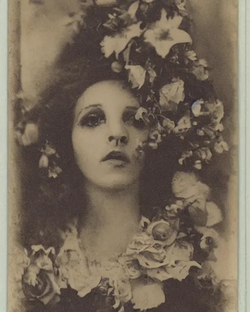 Image similar to a beautiful detailed front view portrait of a dead rotten princess with baroque ornate growing around, flowers, plants, ornamentation, elegant, beautifully soft and dramatic lit, 1 9 1 0 polaroid photo