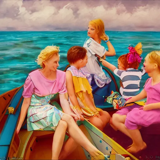 Image similar to lavish by keith parkinson. the experimental art of a group of well - dressed women & children enjoying a leisurely boat ride on a calm day. the women are chatting & laughing while the children play with a toy boat in the foreground.