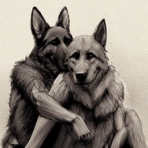 Image similar to two humanoid german shepherds beast - men, sitting on a couch and hugging together, artstation, concept art, smooth, sharp foccus ilustration, artstation