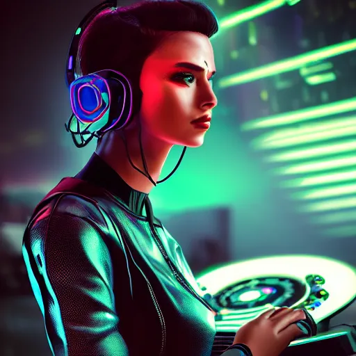 Prompt: electronic dj portrait, cyberpunk 2 0 7 7, cyberpunk, photorealistic, ultra detailed, neon, octane, bokeh, cinematic lighting, cyber, cyberpunk city, headphones, studio quality, feature, scars, cyberface, 8 k