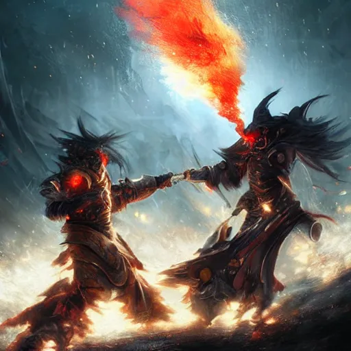 Image similar to pyrokinetic wizards sparring with fireballs. digital art. chris rahn. ruan jia. bussiere. detailed. photo realistic. unreal engine. trending on artstation. award winning artwork.