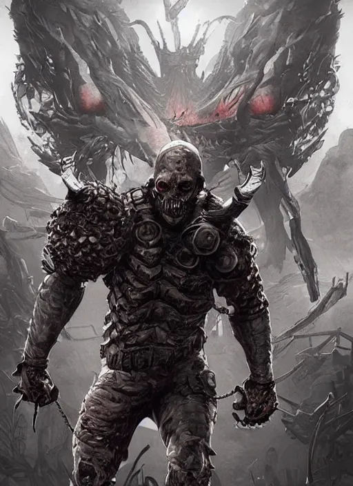 Prompt: poster!! scary new enemy for 7 days to die, monster concept art, action pose, illustration, full body armor, steel plating, huge weapon, super powers, athletic, symmetry, intricate design, shiny, highly detailed, hd, dramatic lighting, wide angle view, art by artgerm and greg rutkowski