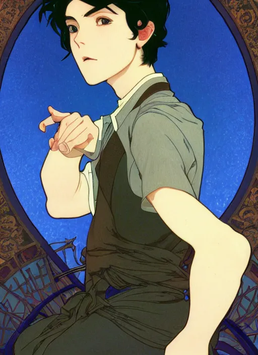Image similar to handsome young man with short black hair, male, dressed in blue, looking down, half body shot, arms down, path traced, highly detailed, high quality, digital painting, by studio ghibli and alphonse mucha, hidari, art nouveau, posuka demizu, atey ghailan