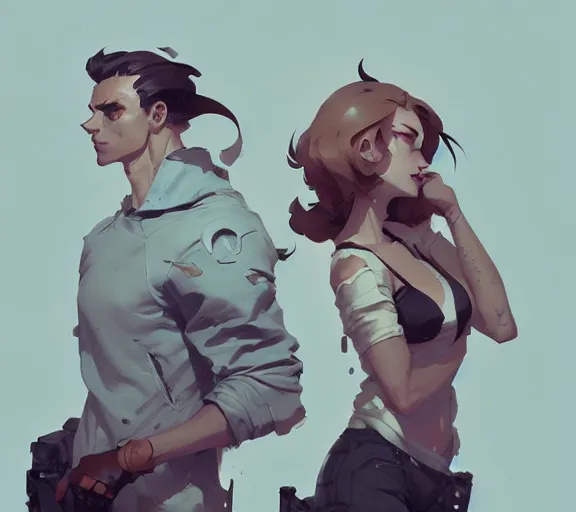 Image similar to portrait jayce and viktor by atey ghailan, by greg rutkowski, by greg tocchini, by james gilleard, by joe fenton, by kaethe butcher, by ashley wood, dynamic lighting, gradient light blue, brown, blonde cream and white color scheme, grunge aesthetic