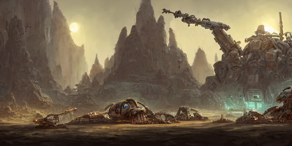 Image similar to mecha creatures in a merchant town, tents, matte oil painting, retrofuturistic, concept art, quarrying, science fantasy, mutant, lgbt, queer, rpg, epic, rusted, white salt, badlands, jungles, dungeons & dragons, sacred, sharp focus, award - winning, extremely detailed, 4 k, 8 k