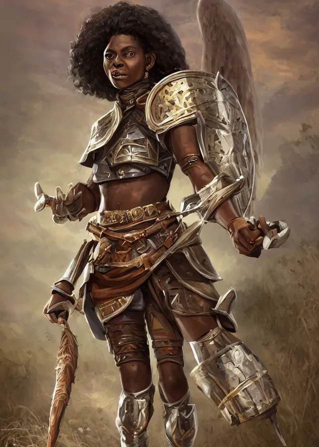 Prompt: arabella mistsplitter, solo female darkskinned angelic soldier in her fifties, long brown hair, clear green eyes, african, ethiopian, short height, regular build, magnificent oval face, polished steel armor, shortsword, wooden shield a female dnd fighter's portrait, masterpiece, clear gauntleted hand, fantastic, realistic, by brian patterson and rhads