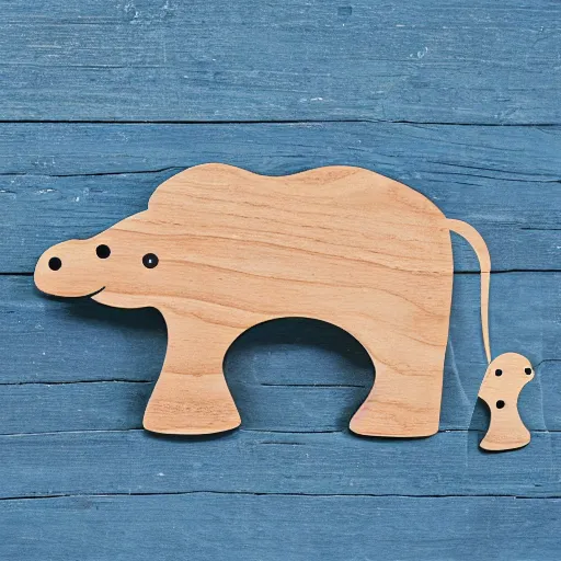 Image similar to expertly crafted etsy kids natural wood hippopotamus expertly fused with blue epoxy. the back of the wood shining hippo is made of blue epoxy. with a white photographers background.