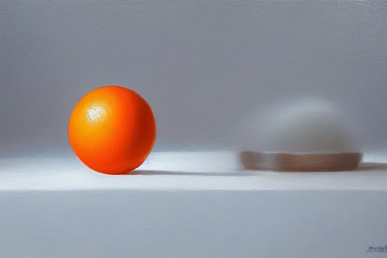 Image similar to An oil painting of an orange sphere on top of a blue cube sitting on a white table, dramatic lighting, hyper-realistic, extremely high detail, artstation