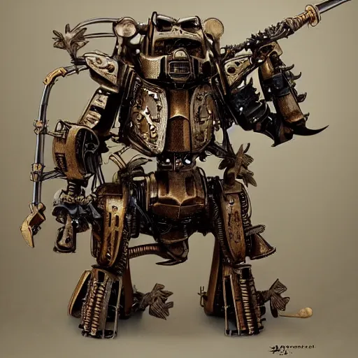 Image similar to a rampaging ashigaru steampunk - inspired mecha boar of bamboo, laquer and steel by brian froud and greg rutkowski