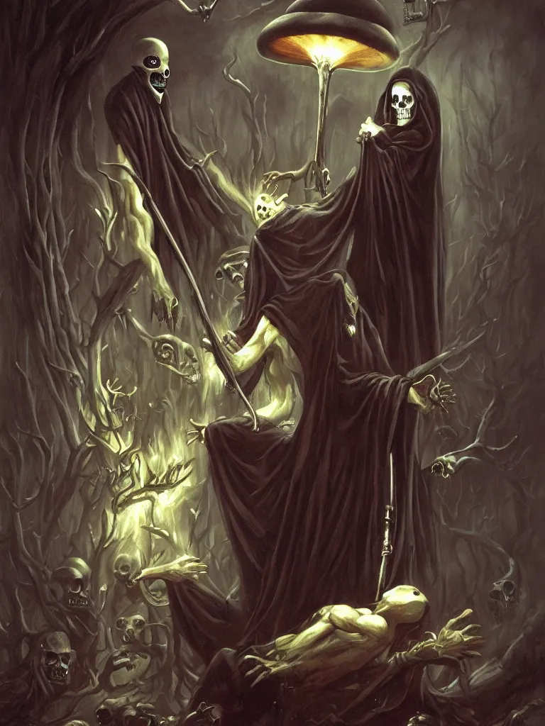 Image similar to the grim reaper pulling the soul out of a humanoid mushroom. Dark fantasy horror painting by Gerald Brom. Trending on artstation