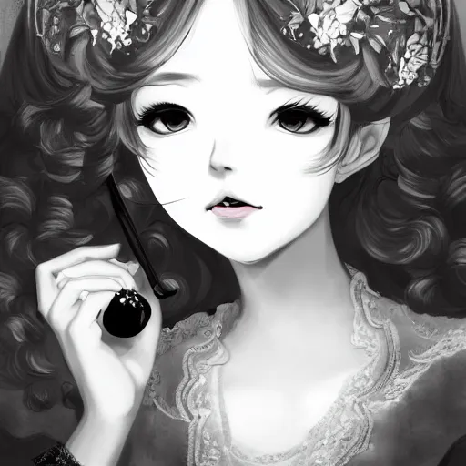 Prompt: a woman smiling, baroque style, black and white, elegant, beautiful, mesmerizing, concept art, fancy clothing, highly detailed, artstation, behance, deviantart, inspired by innocent manga, trending, shinichi sakamoto