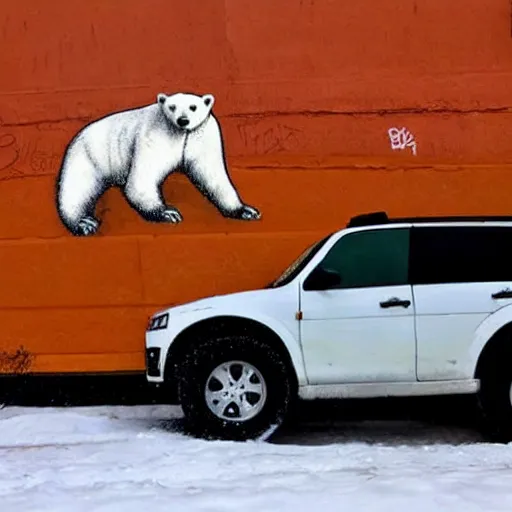 Image similar to graffiti of a polar bear driving an suv on ice