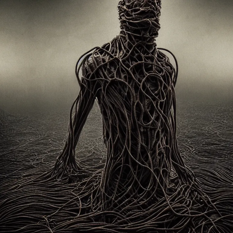 Prompt: portrait of ribbed abandoned man faceless animal, covered with roots, wires, tubes, standing in a desolate empty wasteland, creepy, nightmare, dream-like heavy atmosphere, surreal abandoned buildings, baroque painting, beautiful detailed intricate insanely detailed octane render trending on Artstation, 8K artistic photography, photorealistic, chiaroscuro, Raphael, Caravaggio, Beksinski, Giger