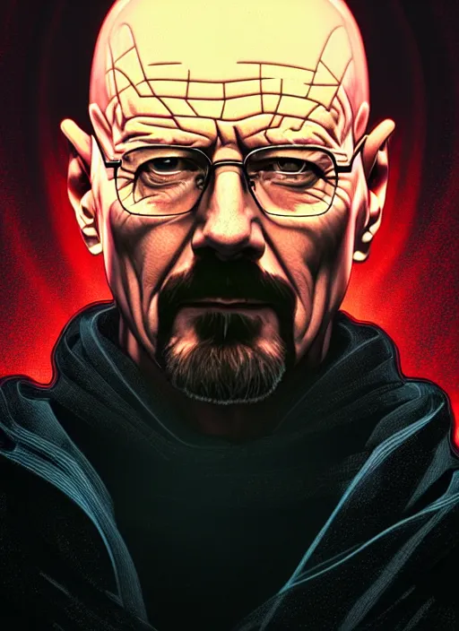 Image similar to symmetry portrait of walter white, sci - fi, tech wear, glowing lights intricate, elegant, highly detailed, digital painting, artstation, concept art, smooth, sharp focus, illustration, art by artgerm and greg rutkowski and alphonse mucha