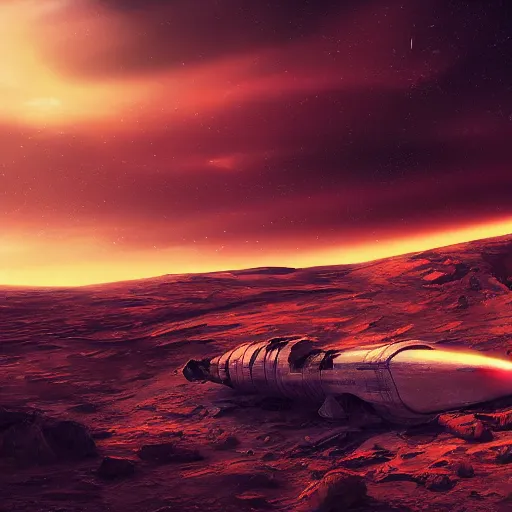 Image similar to a spaceship crashed into a foreign planet, wasteland. The spaceship is buried in the ground. red sky with beautiful white clouds. in the style of digital art, artstation trending