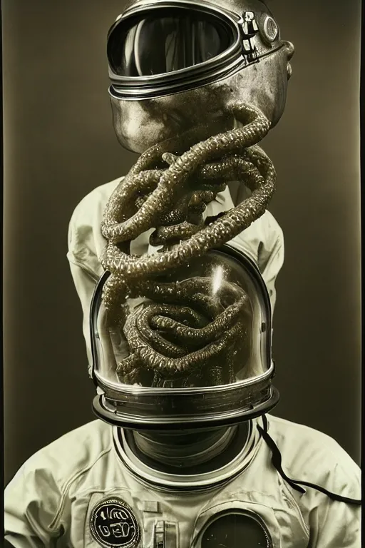 Image similar to extremely detailed studio portrait of space astronaut, alien tentacle protruding from eyes and mouth, slimy tentacle breaking through helmet visor, shattered visor, full body, soft light, disturbing, shocking realization, award winning photo by diane arbus