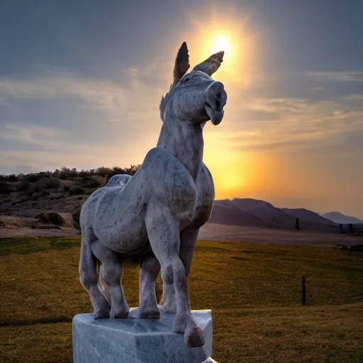 Prompt: A marble statue of a donkey, hyper-realistic, 8K HDR, sunset.