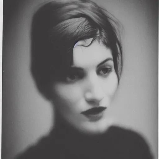 Image similar to old film photo of an atractive cool alternative bosnian woman in her early 20s. beautiful face. She has dark brown hair, dark thick eyebrows, brown eyes and shoulder long hair.