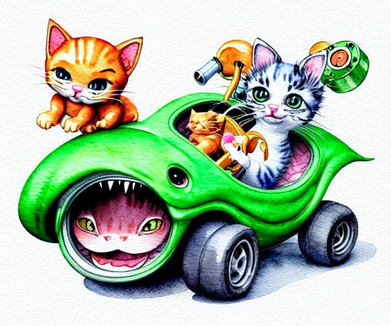 Prompt: cute and funny, kitten riding in a tiny hot rod with oversized engine, ratfink style by ed roth, centered award winning watercolor pen illustration, isometric illustration by chihiro iwasaki, edited by range murata, tiny details by artgerm and watercolor girl, symmetrically isometrically centered