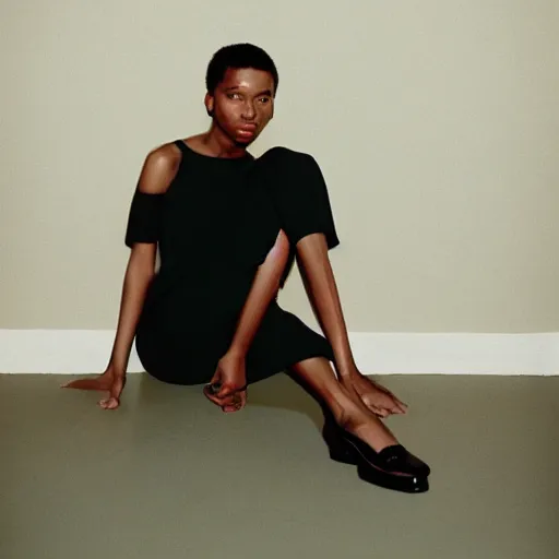 Prompt: realistic photoshoot for a new balenciaga lookbook, color film photography, portrait of a beautiful woman in style of tyler Mitchell, person sitting on the floor, 35mm, graflex