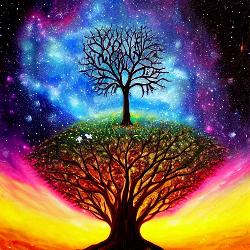 Prompt: tree of life, Galaxy Sky, A beautiful painting,4k, high detail, fantasy, high quality, high details,