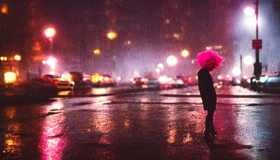 Prompt: street of philadelphia, photography, night, rain, mist, a girl with pink hair, cinestill 8 0 0 t, in the style of william eggleston