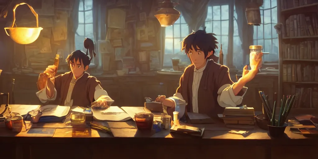 Image similar to a wizard with brown hair is standing at his desk working with jars of liquids, beakers of bubbling potions, coherent, medium shot, waist up, studio ghibli, pixar and disney animation, sharp, rendered in unreal engine 5, anime key art by greg rutkowski, bloom, dramatic lighting