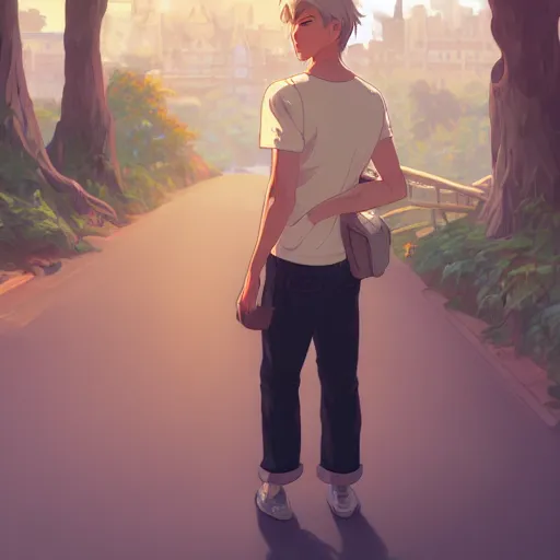 Image similar to young man with short, ash blond greyish hair, light brown eyes, casual clothes, relaxing, happy, path traced, highly detailed, high quality, digital painting, by studio ghibli and alphonse mucha, sylvain sarrailh, beautiful details