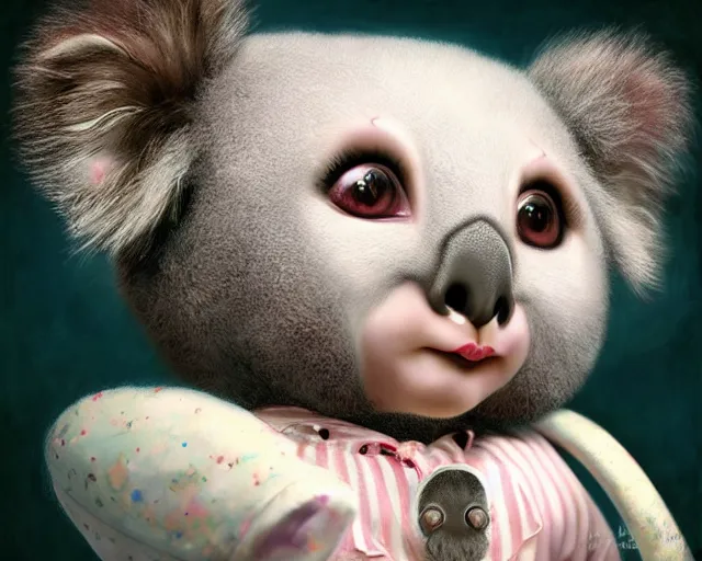 Image similar to cute porcelain doll koala, mark ryden style, vivid colors, high details, cinematic, 8 k resolution, beautiful detailed, photorealistic, digital painting, dark atmosphere, artstation, concept art, smooth, sharp focus, illustration, fantasy background, artstation trending, octane render, unreal engine