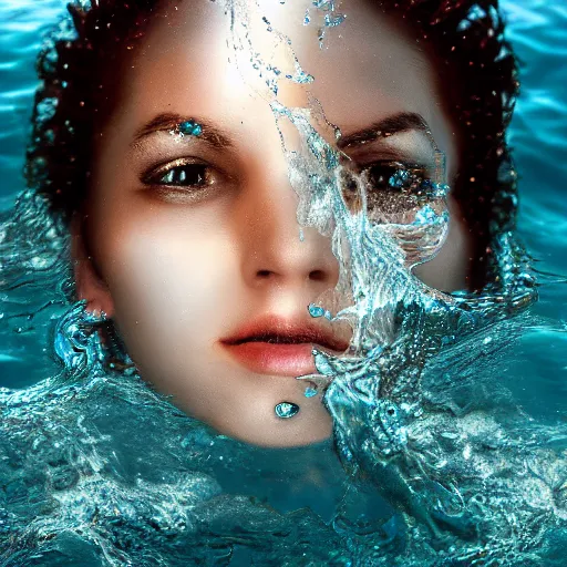 Image similar to water artwork manipulation in the shape of a beautiful female head, on the ocean water, ray tracing, realistic water sharp focus, long shot, 8 k resolution, cinematic, surreal water art