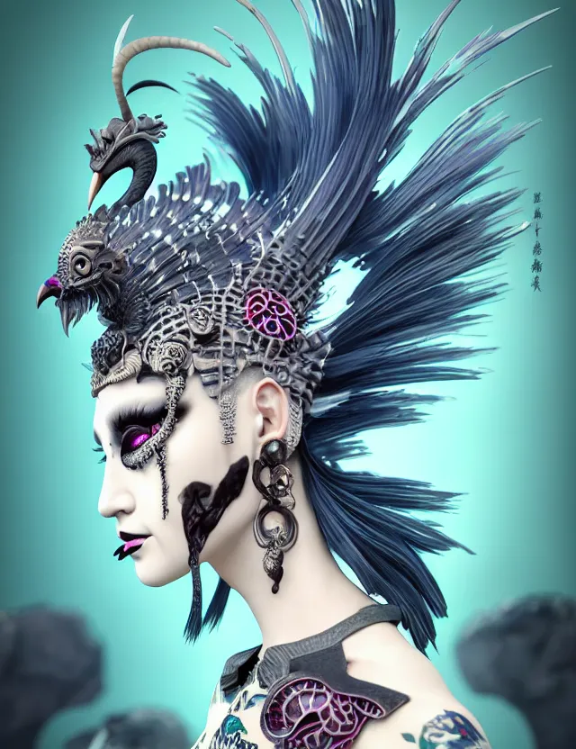 Image similar to 3 d goddess close - up profile simple portrait punk with mohawk with goat skull. beautiful intricately detailed japanese crow kitsune mask and clasical japanese kimono. betta fish, jellyfish phoenix, bio luminescent, plasma, ice, water, wind, creature, artwork by tooth wu and wlop and beeple and greg rutkowski