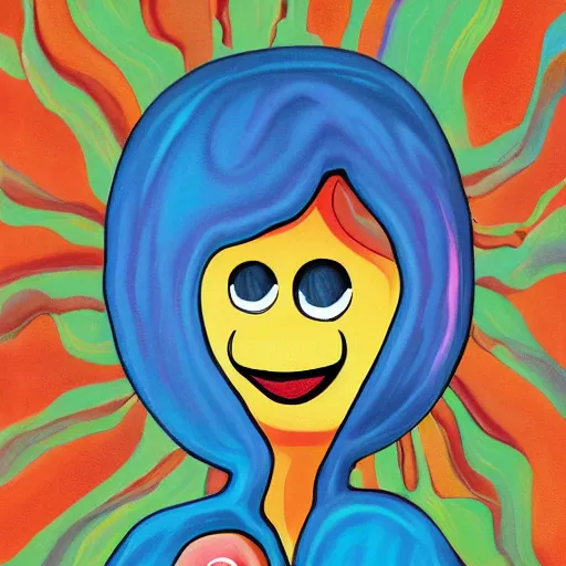 Image similar to surreal painting illustration of a humanized spoon with eyes and a smile