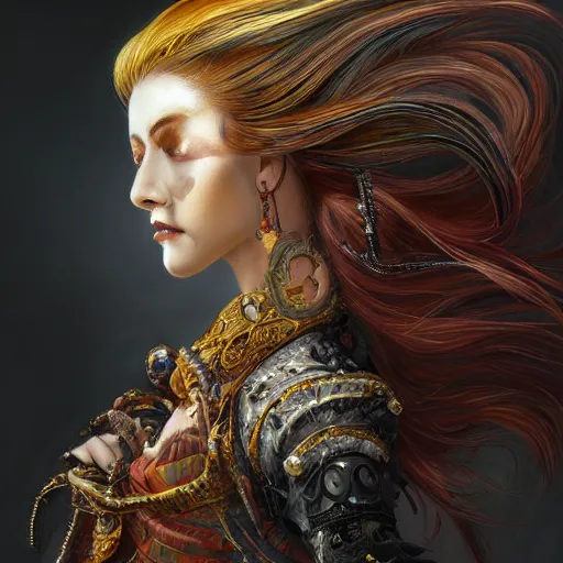 Image similar to portrait, headshot, insanely nice professional hair style, dramatic hair color, digital painting, of a old 17th century, old cyborg merchant, amber jewels, Chinese Three Kingdoms, baroque, ornate clothing, scifi, realistic, hyperdetailed, chiaroscuro, concept art, art by Franz Hals and Jon Foster and Ayami Kojima and Amano and Karol Bak,