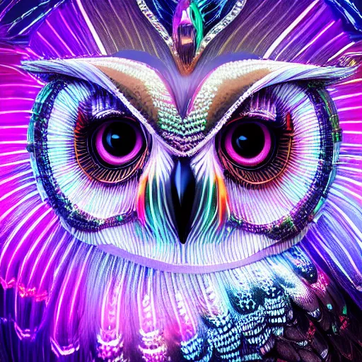 Image similar to detailed portrait of a magical lights owl, wearing a diamond crown, glowing feathers, halfway through, hyper detailed, stylistic, symmetrical, 3 d render, 8 k, octane render