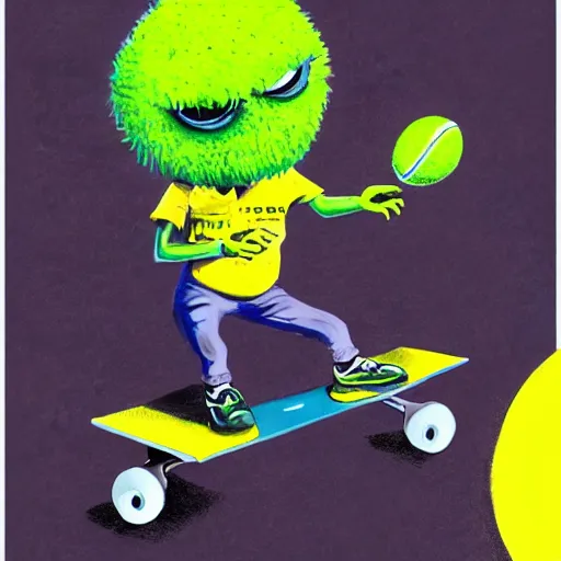 Image similar to a tennis ball monster, tennis ball, dark, chalky, riding on a skateboard, digital art, fantasy, magic, trending on artstation, ultra detailed, professional illustration by Basil Gogos