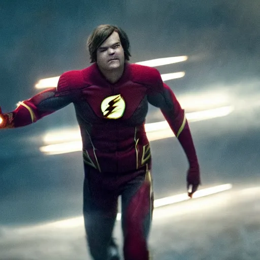 Image similar to film still of jack black playing the flash by zach snyder, epic lighting storm speed force