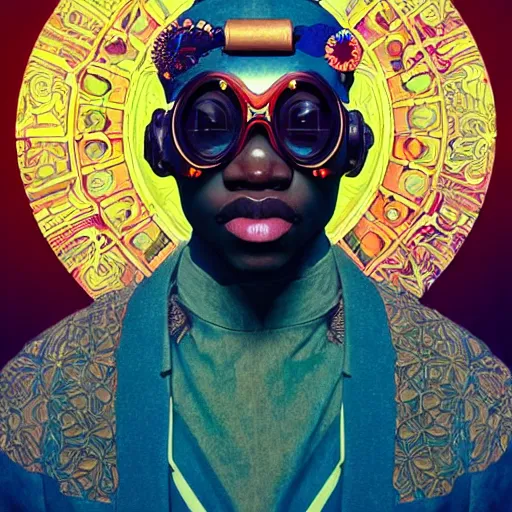 Image similar to colourful vfx upper half - portrait - art of a nigerian boywearing steam punk goggles, art by utagawa kunisada, james jean & alphonse mucha, symmetrical, intricate detail, concept art, volumetric light, ray tracing, caricature, digital illustration, octane 3 d render, unreal engine, sharp, pinterest, behance, art station,