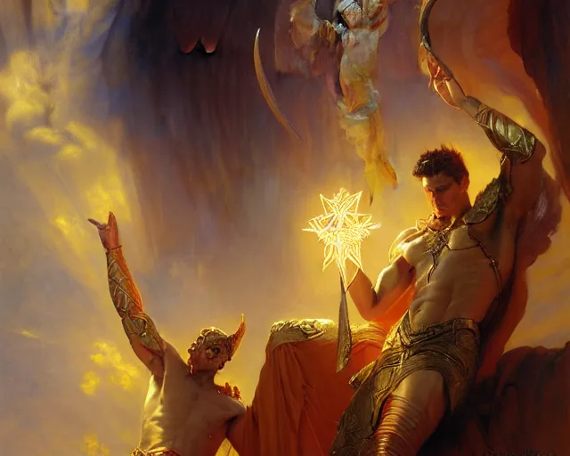 Image similar to attractive male deity, casting demonic magic, summoning handsome lucifer morning star. highly detailed painting by gaston bussiere, craig mullins, j. c. leyendecker 8 k