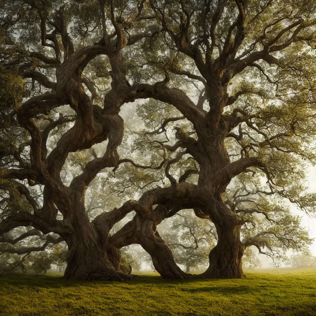 Prompt: old oak tree smoothly transitioning into four seasons of the year, with big tree hollow in the trunk, with ladder hanging down from the tree hollow, the tree is growing on a meadow partially covered with morning fog cinematic lighting, photo realistic image, 4K, super detailed, cinematic look