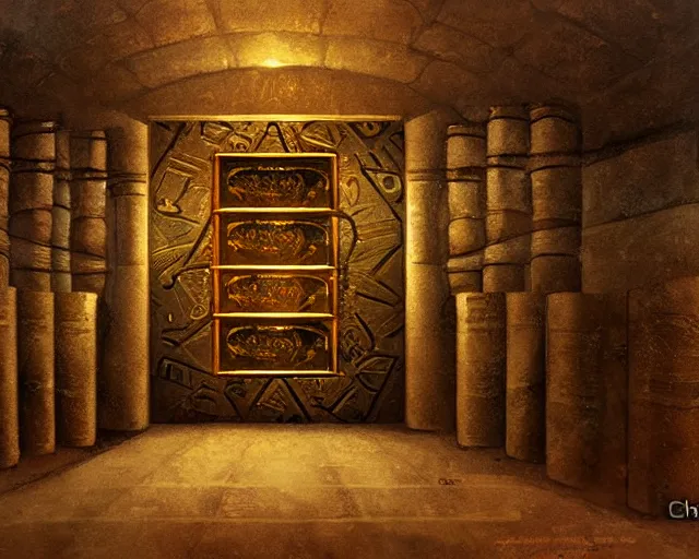 Prompt: a bank vault for gold ingots in the style of ancient egypt, art by charlie bowater