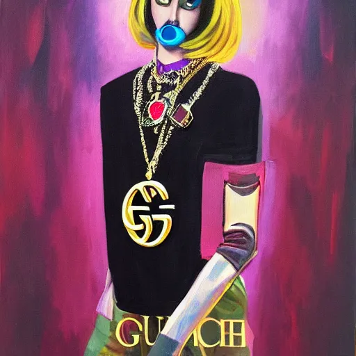 Prompt: cyber space fashion, oil Painting, gucci poster