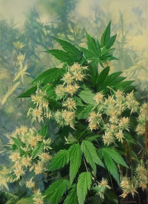 Image similar to oil painting by anders zorn, nature, bush, marijuana flowers, backlit cannabis leaves with backlight