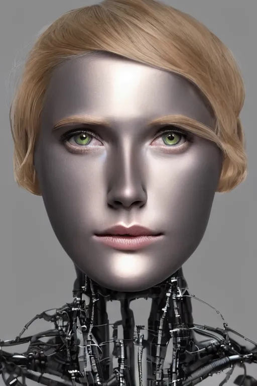 Image similar to robot with human face, female head, full body angle, woman human face, human face realistic, beautiful blonde hair, human head, human head with blonde hair, blonde hair human head, blonde hair, human realistic face, human head skin, cyborg frame concept, cyborg by ales-kotnik, sci-fi android female, the body is made of wires, robotic body, cyborg body, cyborg bust body, robot body cyborg, full body