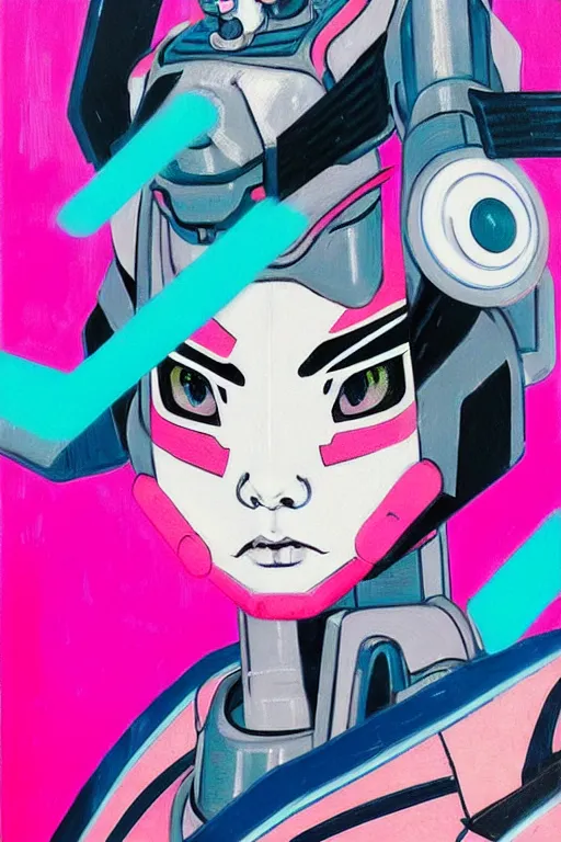 Prompt: portrait of a stylized japanese young mecha - geisha, painted in acrylic, pigment textures, in the colors hot pink and cyan, beautiful realistic face, rule of thirds, spotlight, by greg rutkowski, by jeremy mann, by francoise nielly, by van gogh, by ross tran, in focus, in the style of ghost in the shell