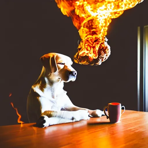 Prompt: a photograph of an humanlike relaxed dog in his house, sitting at a table, ☕ on the table, room is on fire, surrounded by flames, a lot of flames, smoke under the ceiling