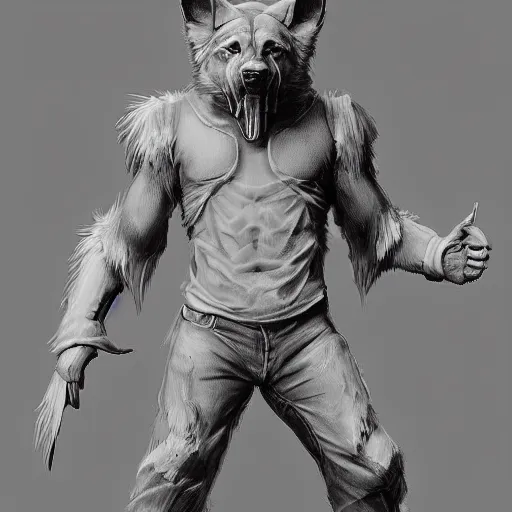 Image similar to a humanoid german shepherd beast - man, puts on jeans, artstation, concept art, smooth, sharp foccus ilustration, artstation